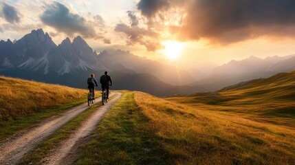 Obraz premium Two cyclists enjoy a scenic ride along a winding dirt path, surrounded by majestic mountains and a vibrant sunset, This image is perfect for outdoor adventure promotions or travel brochures,