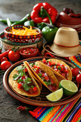 Cinco de Mayo, national holiday of Mexico, traditional Mexican cuisine, tacos with slices of tomatoes and herbs, straw hat, vertical banner
