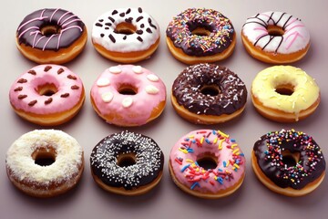 Minimalist Arrangement of Colorful Doughnuts with Toppings