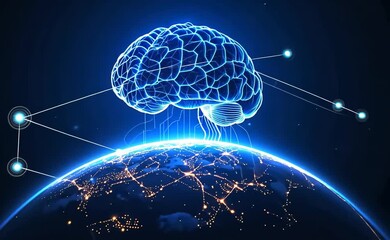 Futuristic Glowing Digital Brain Floats Above Earth, Symbolizing Artificial Intelligence and Global Connectivity. 4k