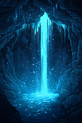 Enchanting underground cave with a luminous waterfall cascading into a shimmering pool of water