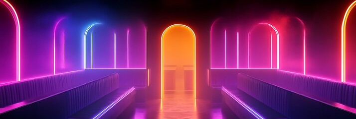 Futuristic neon hallway with vibrant lights, an arch doorway, and a tunnel effect