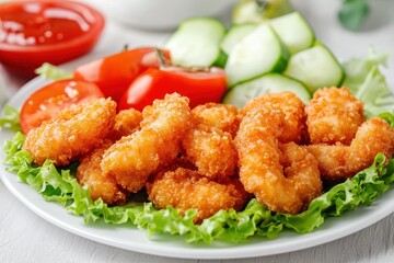Crunchy squid on a white dish with tomatoes cucumber and lettuce