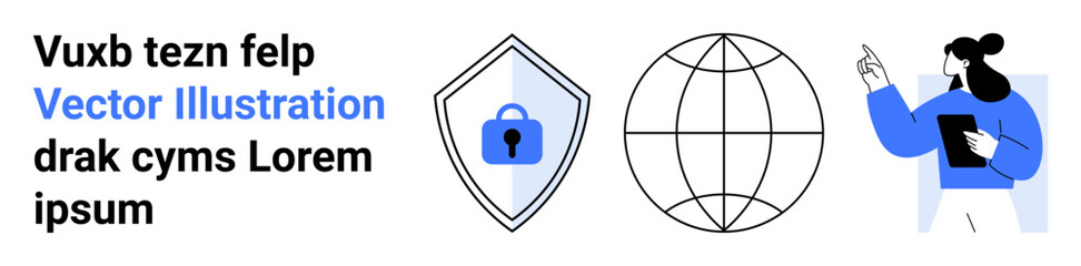 Shield lock representing security, globe grid symbolizing connectivity, woman holding tablet an indicator of analysis and innovation. Ideal for technology, security, education, connectivity