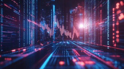 Fototapeta premium Abstract display of data on a digital screen in blue and red colors with downward trending chart. 