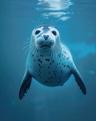 Serene underwater portrait of grey seal floating deep blue sea fur subtly textured spotted marking calm water around enhances tranquil immersive nature of scene creating mesmerizing marine composition