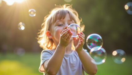 Young child blowing soap bubbles outdoors, backlit by sunlight, childhood fun concept