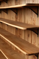 Wooden shelves mounted on a wall create a warm, rustic feel, ideal for showcasing decor or storage solutions in homes, cafes, or stores, Perfect for interior design projects and presentations,
