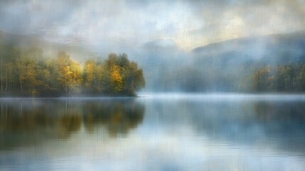 Serene Misty Lake View with Autumn Trees and Soft Reflections