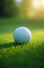 Fototapeta premium Close-up of white golf ball on fresh green grass lawn. Blurred background, shiny surface, sunny light. Sport concept. Summer leisure activity, recreation time. Precise game shot training.