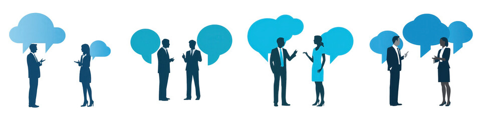 Silhouetted figures converse, thought bubbles above isolated on white or transparent png