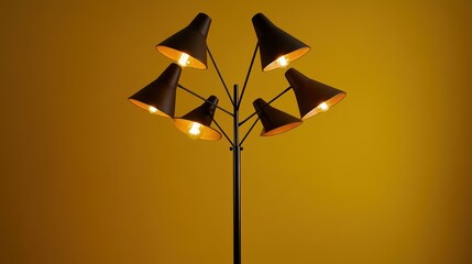 A floor lamp with a sleek, matte black base and dark brown leather shades