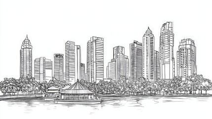 Fototapeta premium Modern City Skyline Oasis - Urban landscape, tranquil waterfront, skyscrapers, lush greenery, peaceful scene. Symbolizing harmony, progress, serenity, nature, and urban life