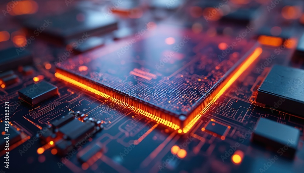 Aufkleber close-up of modern illuminated glowing microchip. intricate electronic circuit, with wafer slice sub