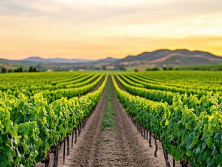 Naklejka premium Lush vineyard rows stretching towards distant hills under a vibrant sunset sky