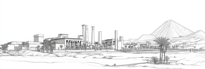 Obraz premium Ancient Egyptian Cityscape Line Art - Architectural line drawing of ancient Egyptian temples, pyramids, palm trees, and desert landscape. Symbolizing history, architecture, culture, heritage