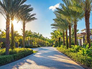 Obraz premium Palm-Lined Pathway: A Tropical Landscape with Sun-Drenched Road, Blue Sky, and Lush Greenery for a Relaxing Vacation Travel Destination