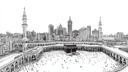 Fototapeta premium Mecca Cityscape Line Art Drawing - Detailed line art drawing of Mecca's cityscape, showcasing the Kaaba, mosques, and city buildings. Symbolizing faith, pilgrimage, architecture, spirituality