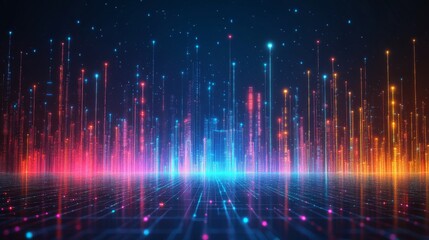 Abstract colorful glowing lines simulating a city at night with illuminated dots.
