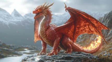 Fiery red dragon perched on a rock, overlooking a snowy mountain range