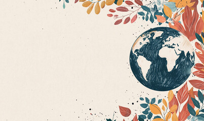 Colorful leaves frame the Earth in a creative, artistic design, symbolizing nature and global awareness.