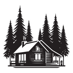 Rustic Wooden Cabin Silhouette Illustration with Cozy Porch