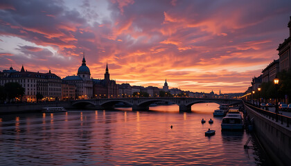 Naklejka premium Magical European Sunset Over Historic Bridge and River 