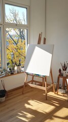 Natural diffused light illuminating an artist's studio with a light taupe canvas on an easel