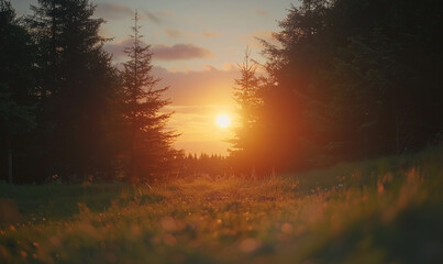 Fototapeta premium Serene sunset over a forest, illuminating the landscape with warm hues and soft grass in the foreground.