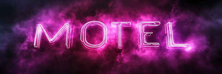 Neon Motel sign glowing brightly, pink lighting, smoke background for marketing, travel, lodging