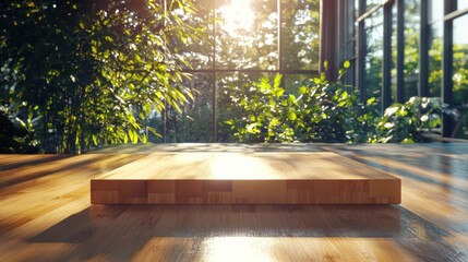 Fototapeta premium Bamboo kitchen chopping block on rustic table warm lighting surface showcase angled perspective