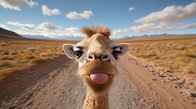 A humorous close-up of a camel's face against a vast desert landscape, showcasing its playful expression, This image can be used for travel articles, social media posts, or animal-themed content,
