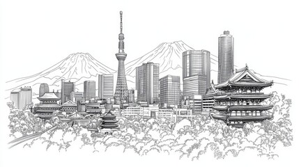 Fototapeta premium Tokyo Skyline: Modern Meets Ancient - A captivating blend of modern skyscrapers and ancient temples against the backdrop of majestic Mount Fuji. Symbolizing progress, tradition, nature, harmony