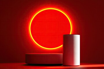 Minimalist red podium with glowing circle