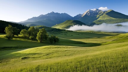 Obraz premium Expansive green landscape framed by majestic mountains and mist in the early morning light