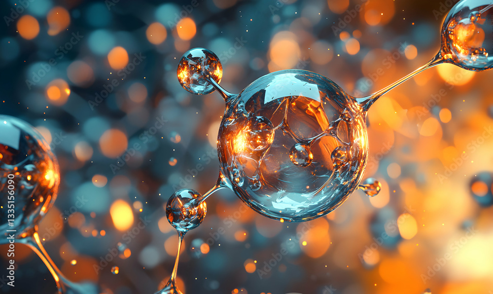 Poster abstract molecule structure with glowing spheres and connecting bonds