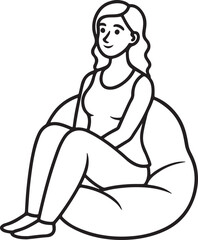 woman sitting on a beanbag chair line art, black outline, vector and illustration, coloring book page line art drawing