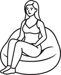 woman sitting on a beanbag chair line art, black outline, vector and illustration, coloring book page line art drawing