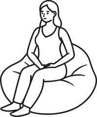 woman sitting on a beanbag chair line art, black outline, vector and illustration, coloring book page line art drawing