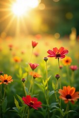 Sun-drenched field of wildflowers, soft focus, glowing bokeh , blossom, golden, field