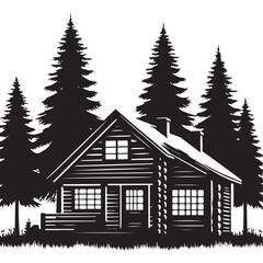 Cozy Log Cabin in the Woods Black and White Illustration