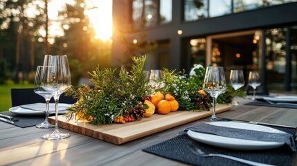 Festive table setting with custom wood serving tray outdoor dining angled shot bright colors realistic presentation