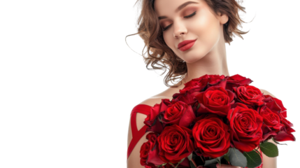 Beautiful woman holding red roses bouquet on transparent background