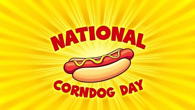 Cartoon corndog: yellow background, sunburst, red text, mustard drizzle. National Corndog Day, stylized food icon, white outline, bright colors, festive, simple vector art.