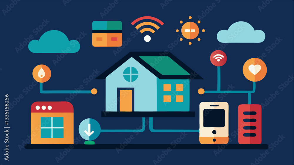 Poster smart home hub interface a futuristic home control panel displaying interconnected appliances such a