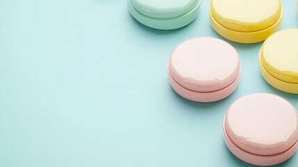 Various colorful containers are arranged on a light blue surface