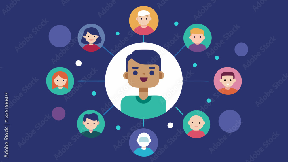 Poster safe community diverse avatars inside a virtual community bubble with a friendly ai figure monitorin