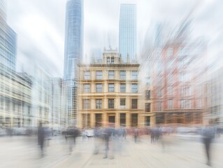 An artistic image depicting buildings and moving people in a city