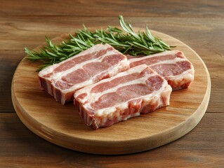 Fototapeta premium Exquisite Pork Chops: Fresh Cut, Raw Meat on Wooden Board with Rosemary, a Culinary Still Life for Delicious Cooking and Healthy Dining