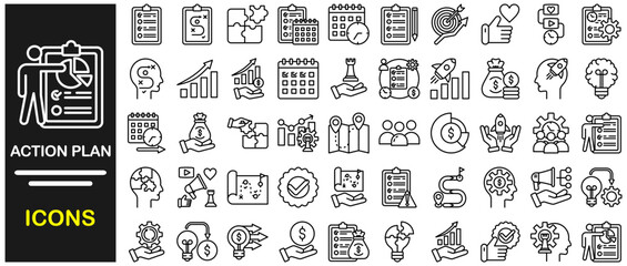 Action plan icon set. Containing planning, schedule, strategy, analysis, tasks, goal, collaboration and objective icons. Solid icon collection.